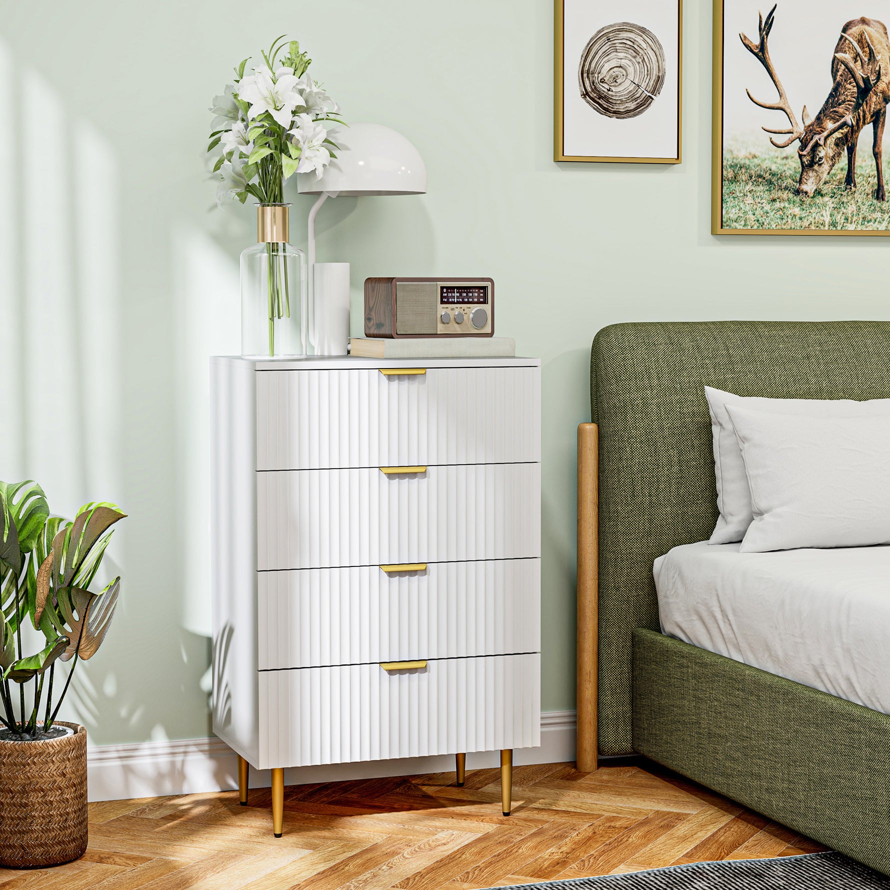 Commode 4 tiroirs commode chambre meuble de rangement moderne avec poignées et pieds dorés, dim. 60 x 40 x 96 cm, blanc