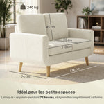Canapé 2 places en velours côtelé, canapé de salon moderne 134 cm, assise rembourrée, coussin à ressorts, crème