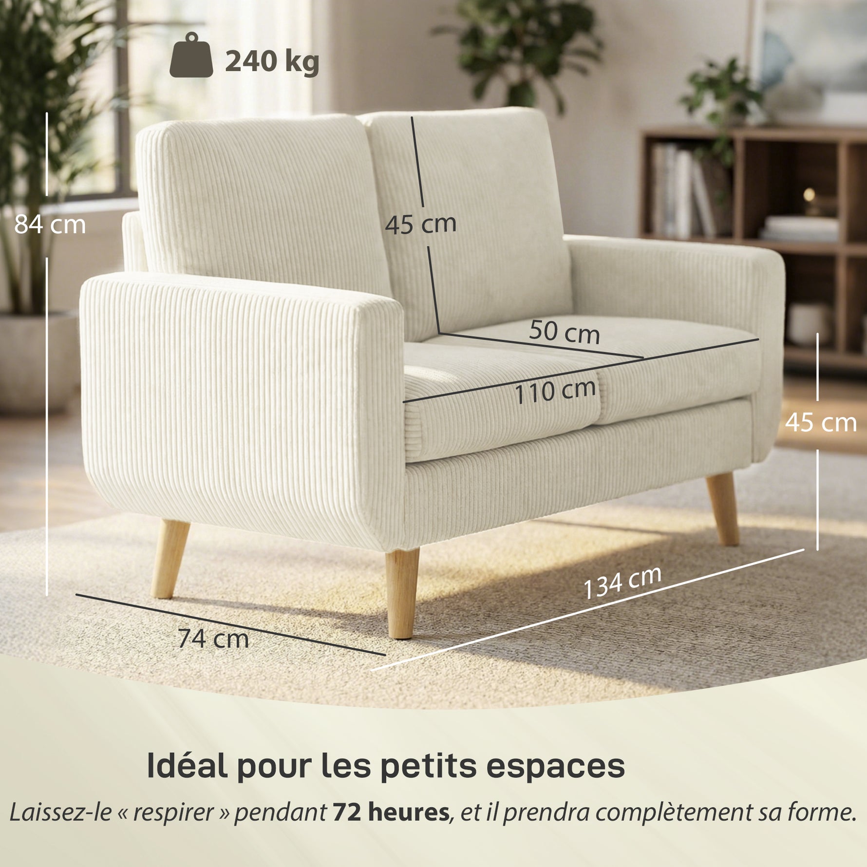 Canapé 2 places en velours côtelé, canapé de salon moderne 134 cm, assise rembourrée, coussin à ressorts, crème