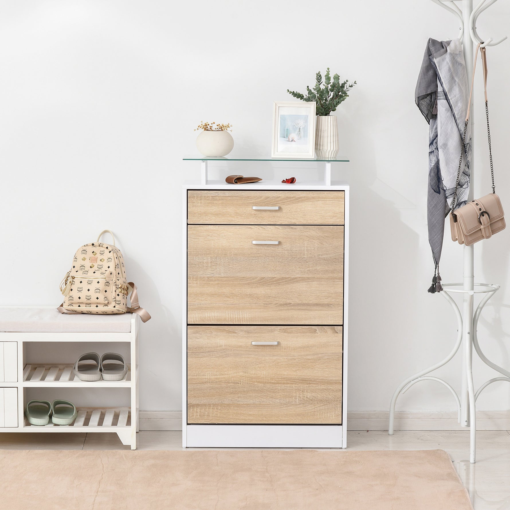 Armoire à Chaussures Meuble rangement Chaussures 2 Portes abattantes 2 Compartiments, tiroir, Plateau en Verre - Bois chêne Blanc