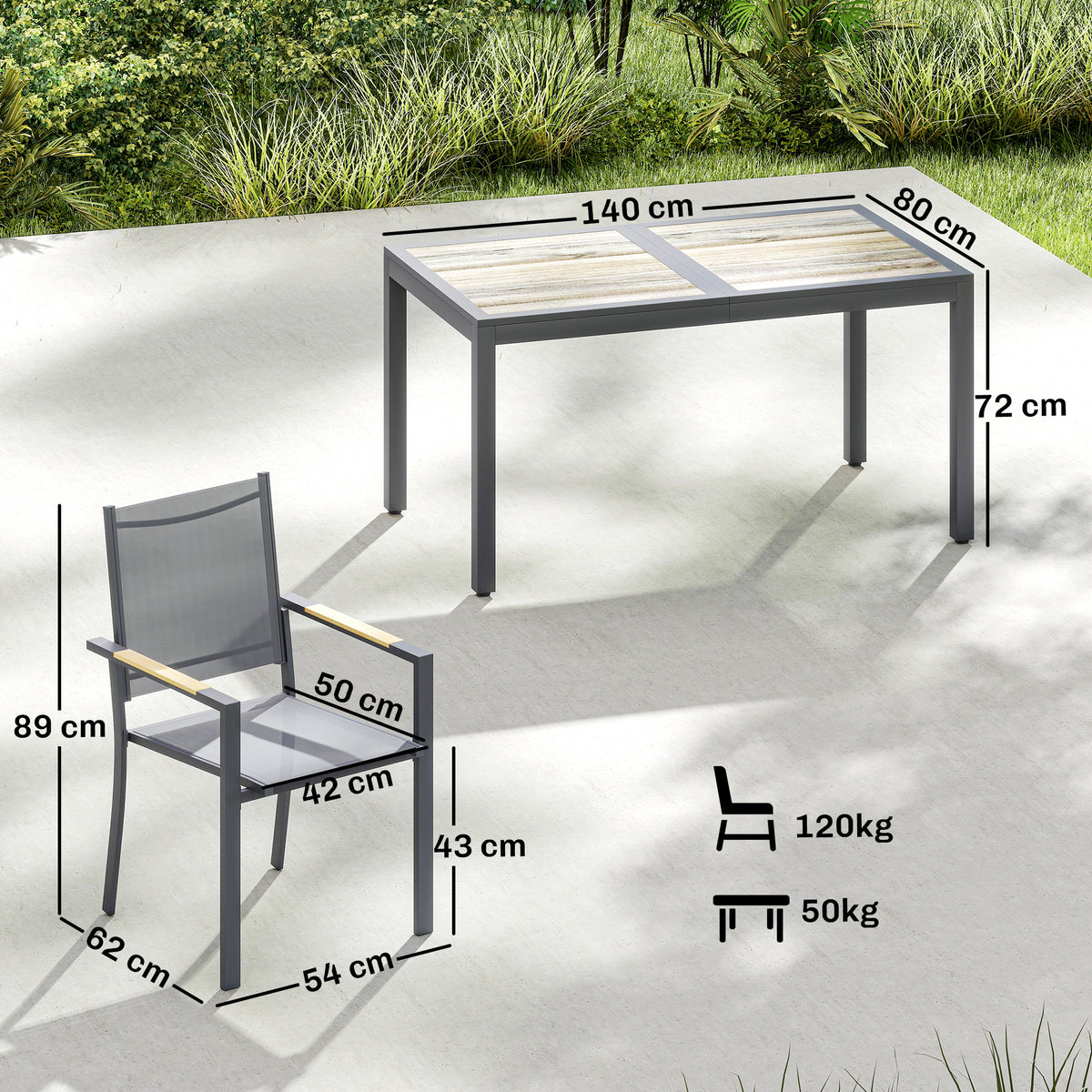 Salon de Jardin Ensemble Mobilier de Jardin 7 Pièces Table Effet Bois 6 Chaises Empilables en Textilène 140x80x72cm Gris