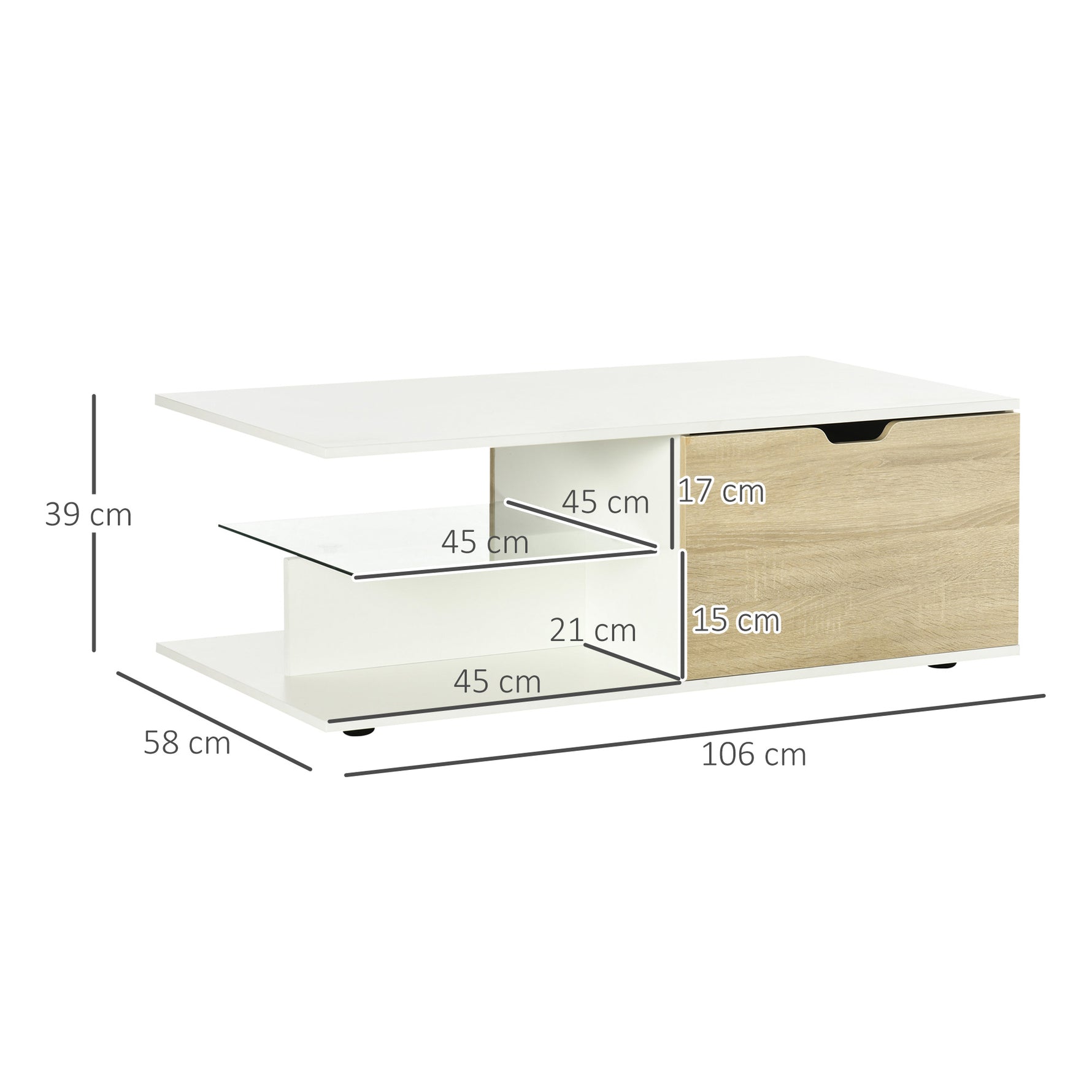 Table basse rectangulaire design contemporain 2 tiroirs 2 niches étagère verre trempé panneaux blanc aspect chêne clair