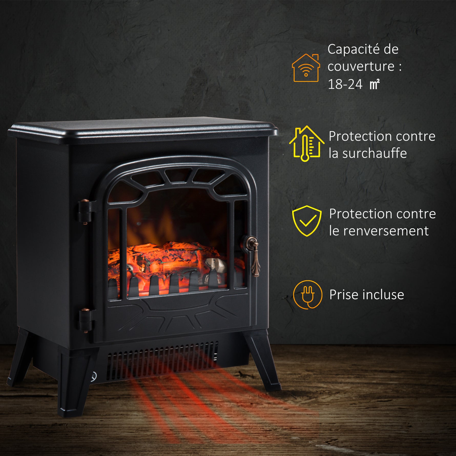 Cheminée électrique radiateur Imitation Flamme avec luminosité et réglable 925 W / 1850 W Porte métal Verre trempé Noir