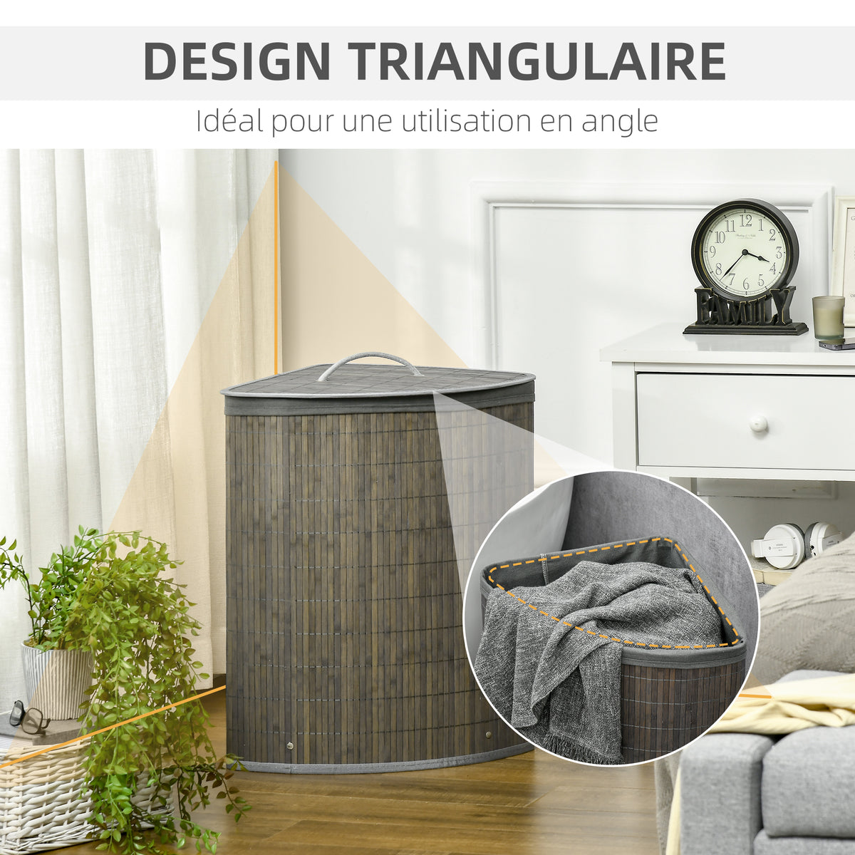 Panier à linge en bambou d'angle 55L avec couvercle et sac amovible 38 x 38 x 57 cm gris