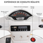 Vespa Scooter Moto électrique Enfants 6 V dim. 102L x 51l x 76H cm Musique MP3 Port USB klaxon Phare feu AR Blanc