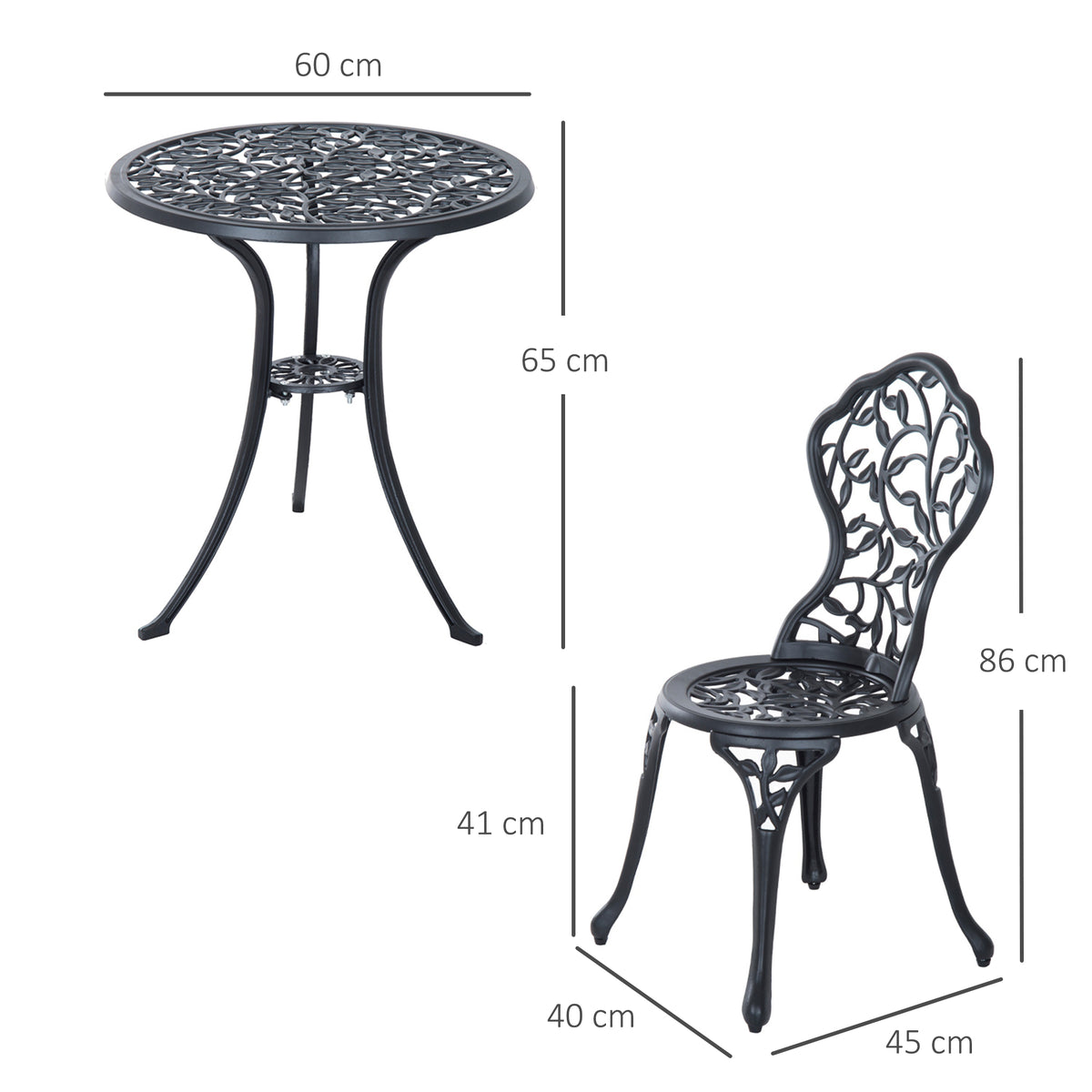 Ensemble de bistrot 3 pièces avec 2 chaises et 1 table ronde style antique, pour jardin, terrasse, balcon, noir