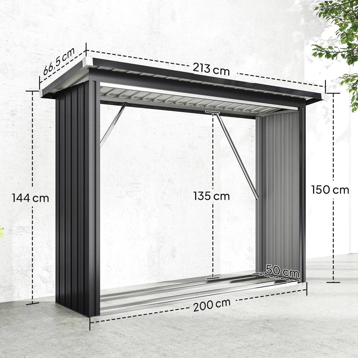 Abri-bûches couvert support pour bois de chauffage plancher surélevé toit incliné, acier galvanisé 213x66,5x150cm gris