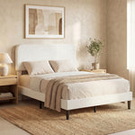 Cadre de Lit 140x190cm avec Sommier, Tête de Lit Réglable, Lit Double Rembourré en Velours Teddy, Lattes en Métal, Blanc