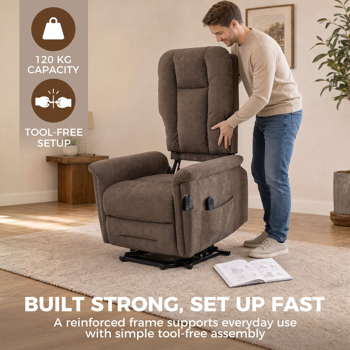 Electric Lift Chair Massage and Heat Electric Recliner Chair Velvet USB Port Reclining Backrest Brown