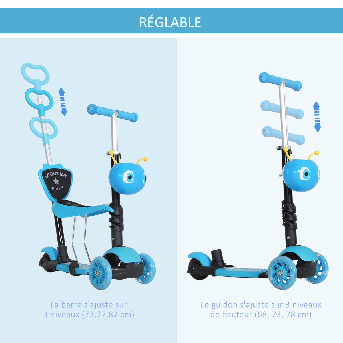3 en 1 Trottinette pour Enfants Trottinette 3 Roues évolutive Hauteur Guidon réglable charge max. 50 Kg Canne télescopique Selle Dossier Amovible Bleu
