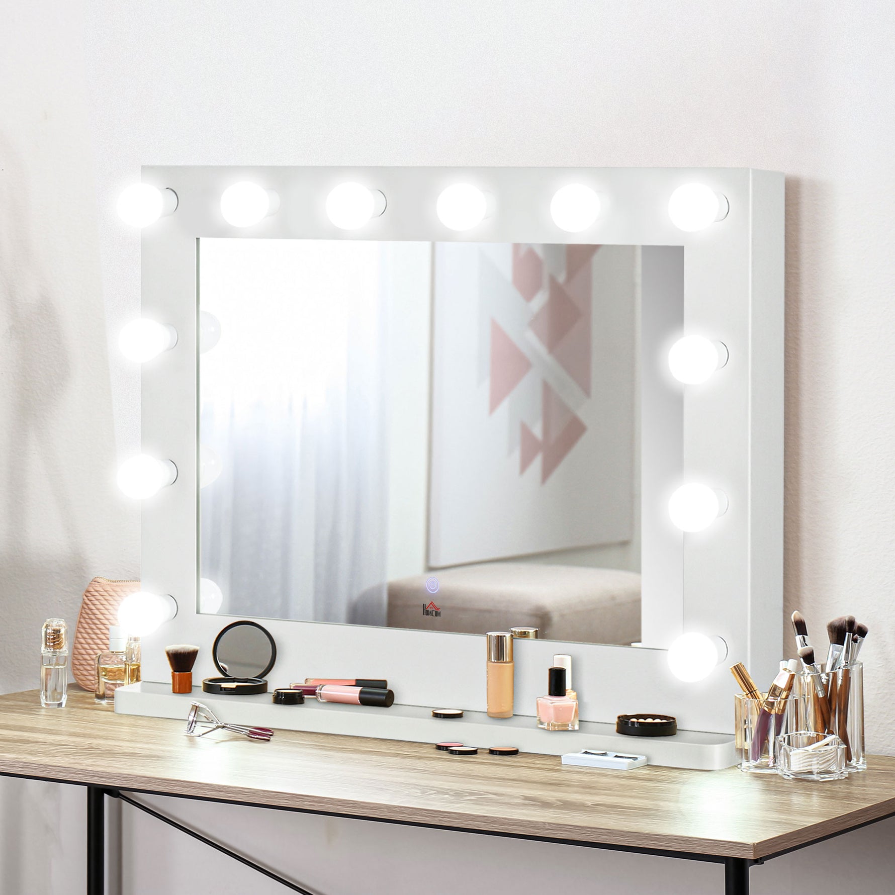 Miroir maquillage Hollywood lumineux 12 LED tactile - luminosité réglable, fonction mémoire - métal MDF blanc verre