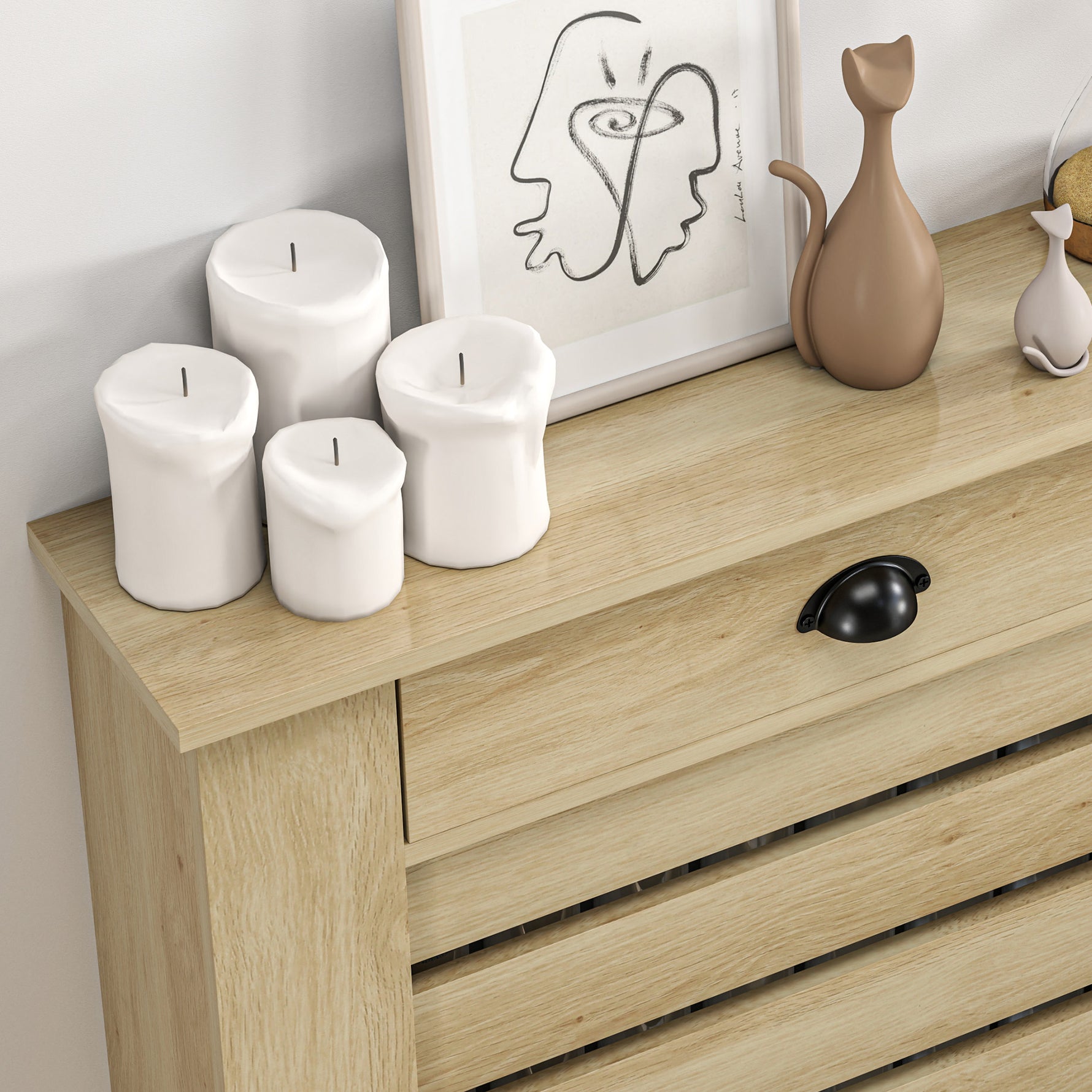 Couvercle de radiateur cache radiateur grille à lattes horizontales avec 2 tiroirs en bois 78l x 19P x 95,5H cm chêne