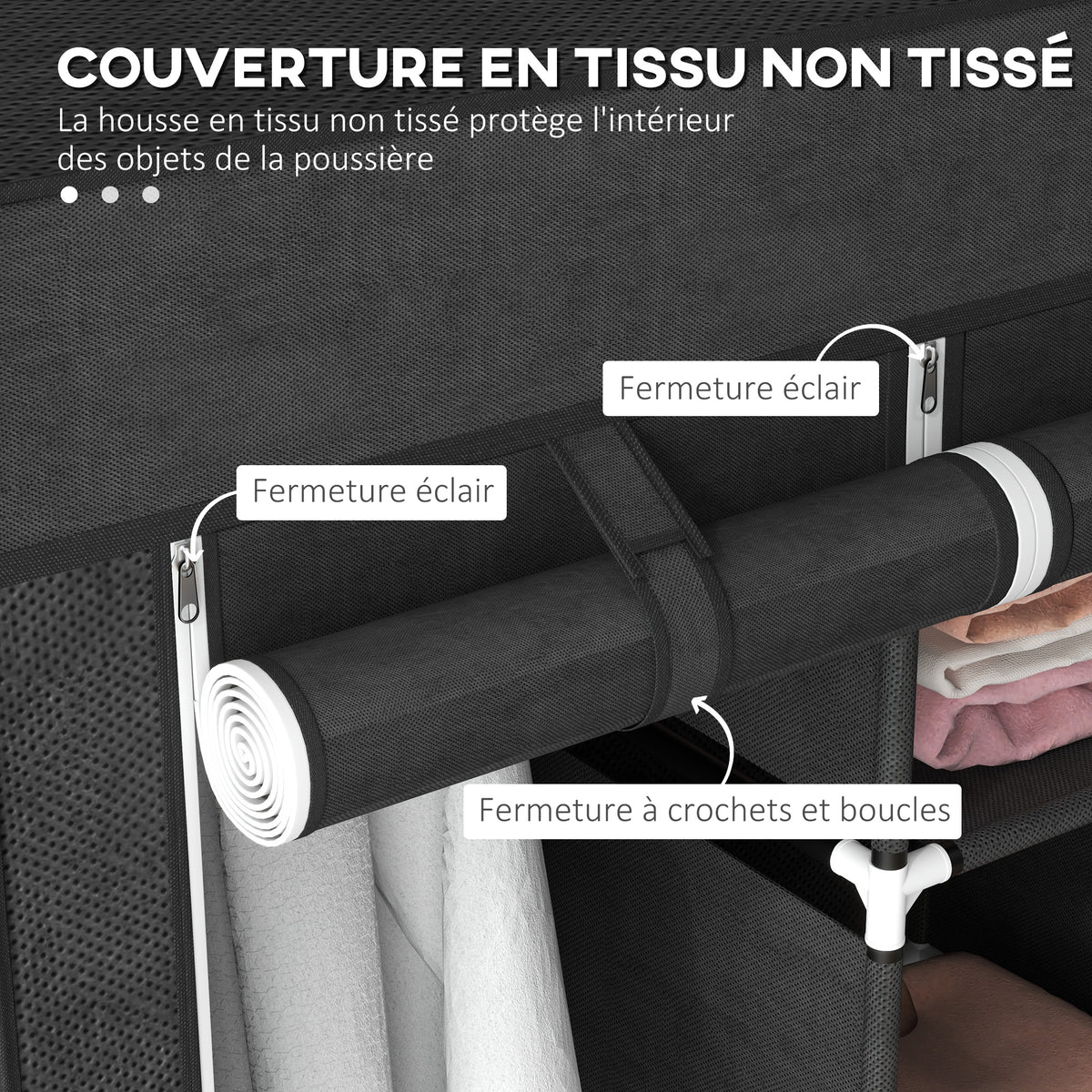 Armoire de rangement en tissu pliable avec 5 étagères, 2 tringles et 3 tiroirs en tissu 125L x 43l x 162.5H cm