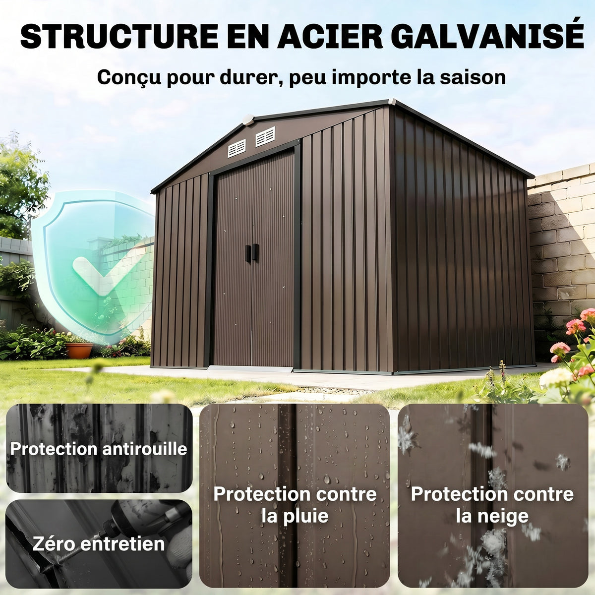 Abri de jardin 5,4 m² 2,77 x 1,95 x 1,92 m kit de fondation porte coulissante ventilations acier galvanisé, marron