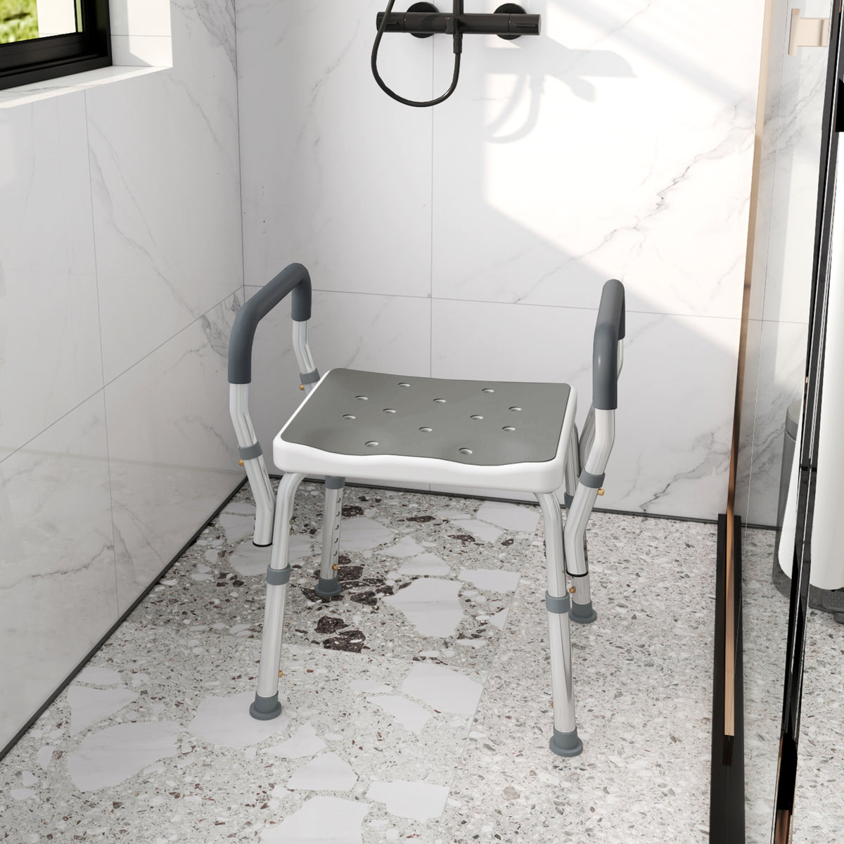 Shower stool for the elderly and disabled with armrests, height adjustable, non-slip feet, gray