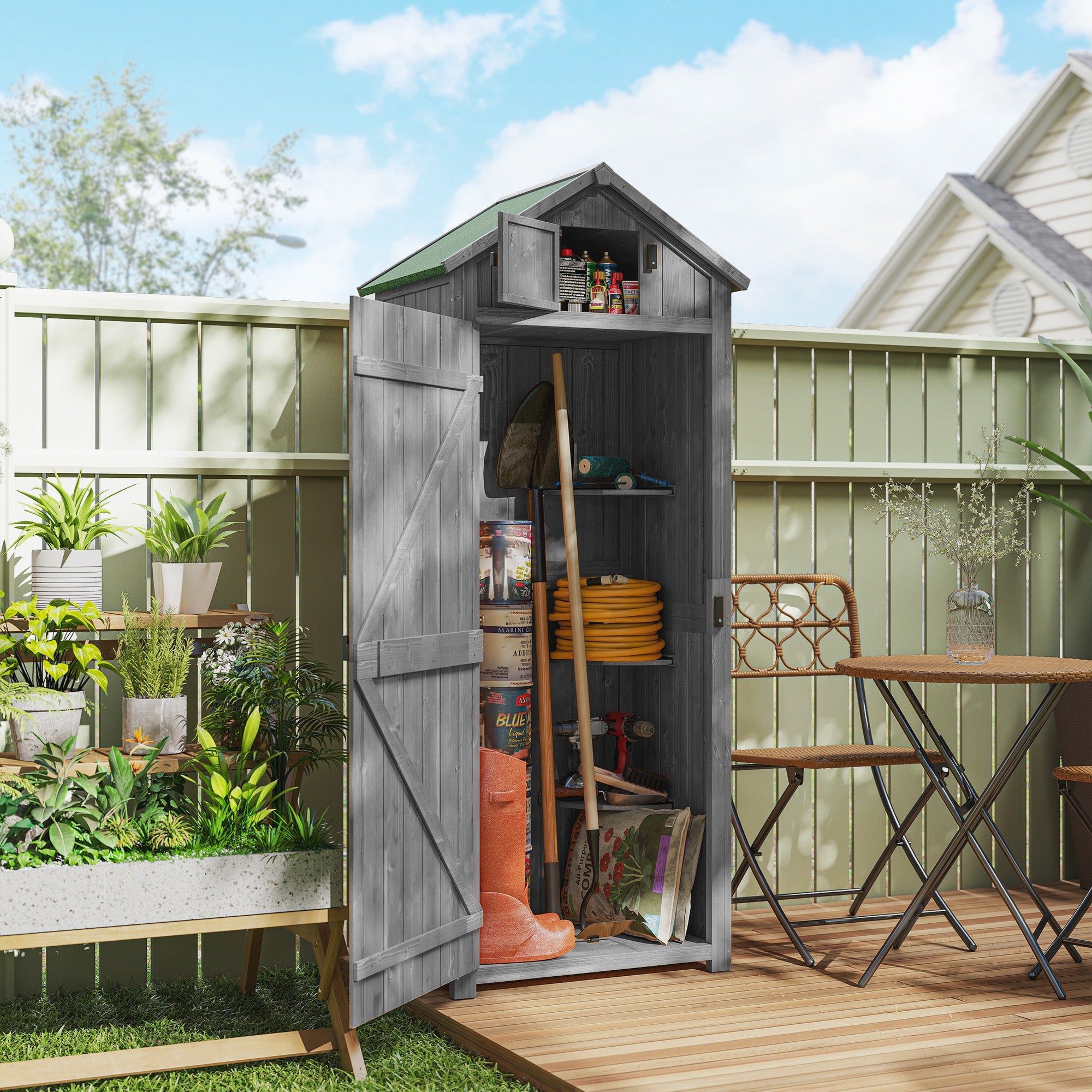 Armoire de jardin extérieur abri de jardin en bois abri pour outils 3 étagères 2 Portes loquets Toit Pente bitumé rangement et stockage extérieurs 77 x 54 x 179 cm Sapin traité Gris