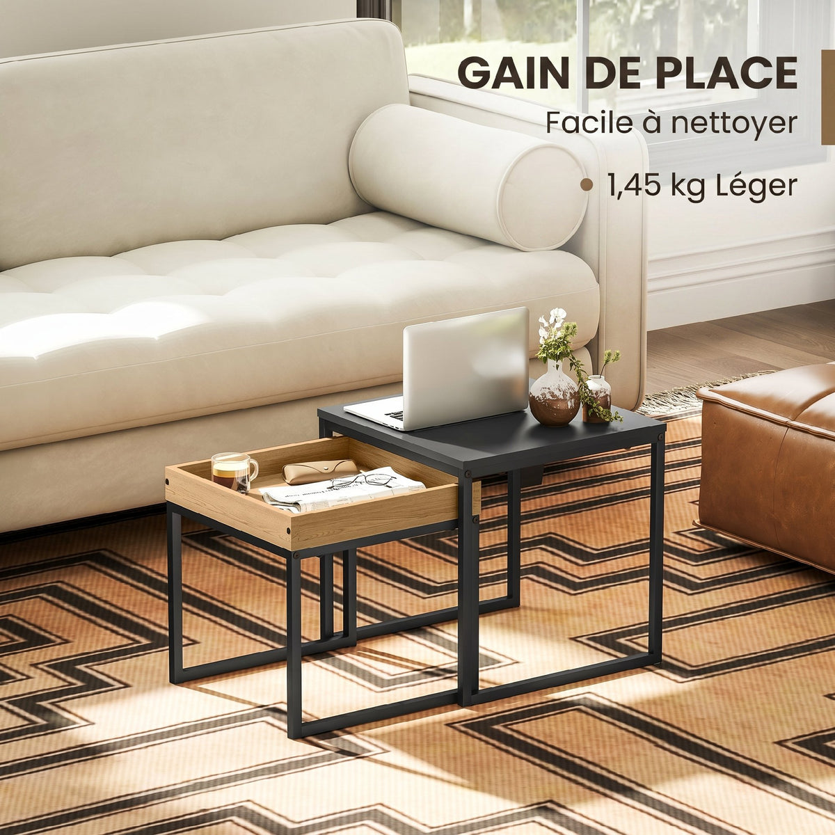 Set van 2 vierkante nesttafels, salontafels met stalen frame, moderne stijl, zwart