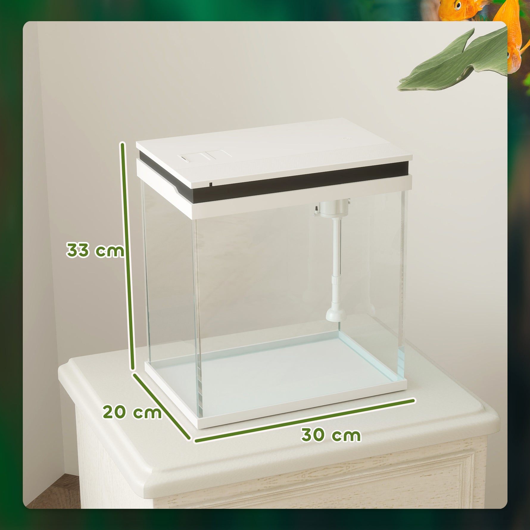 Petit aquarium complet 14L aquarium en verre avec système de filtration éclairage LED pompe à eau 30 x 20 x 33 cm blanc