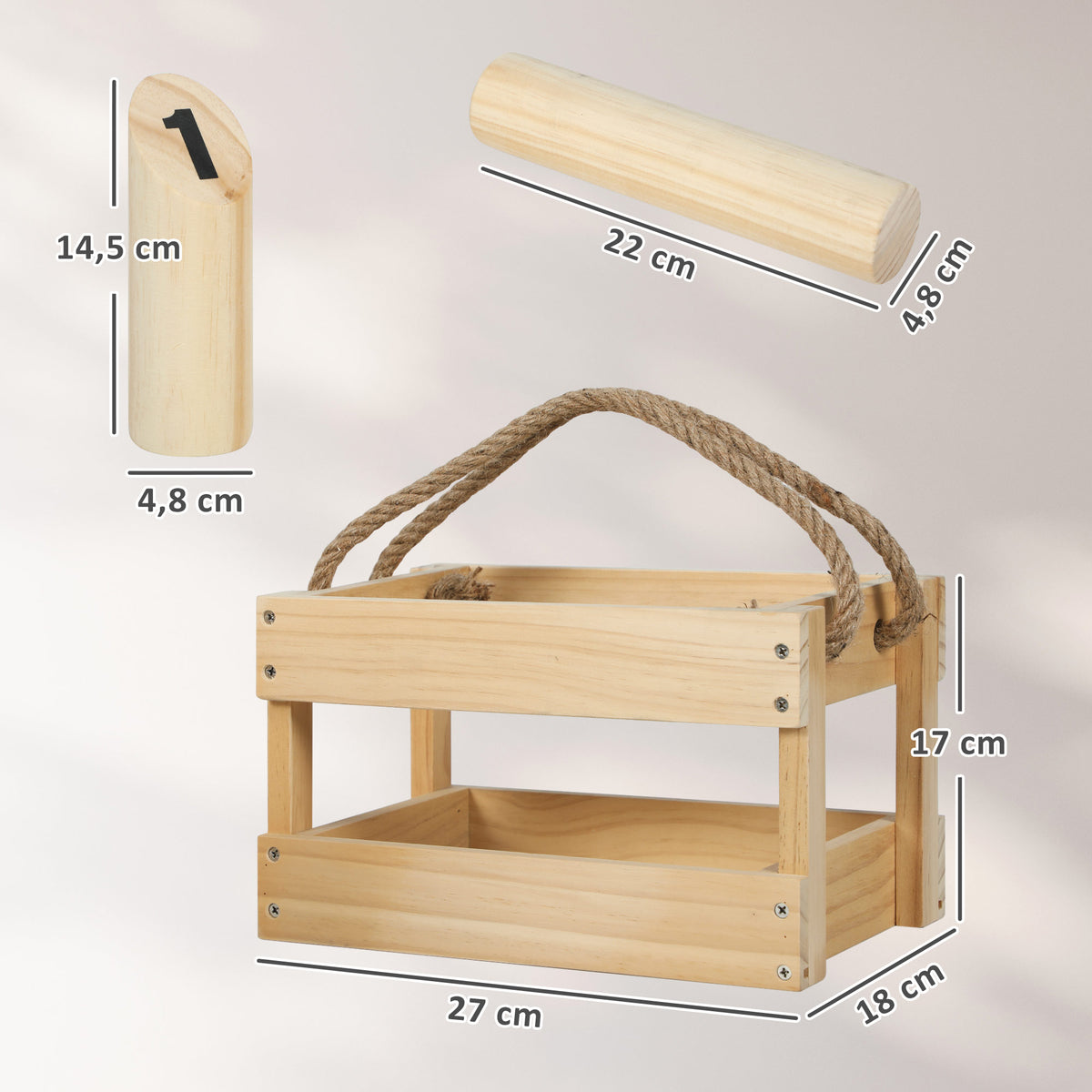 Jeu de quilles finlandaises, jeu de plein air en bois de pin 12 quilles 1 bâton 1 boîte de transport effet bois naturel