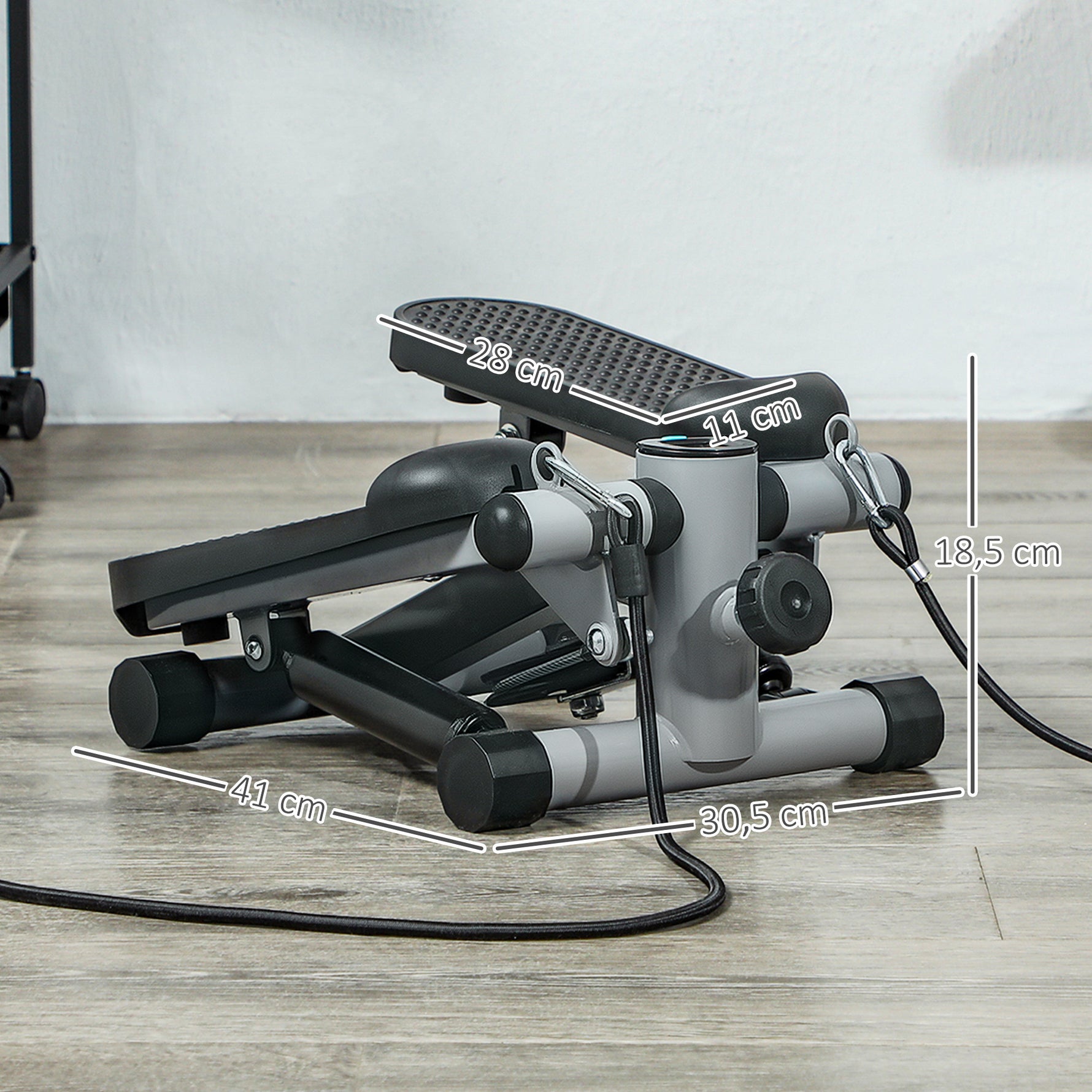 Mini stepper de fitness machine de step bandes de résistance, écran LCD et pédales antidérapantes 41x30,5x18,5cm gris