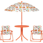 Salon de jardin enfant, table enfant avec 2 chaises pliantes et parasol Ø 100 cm, motif animal, orange