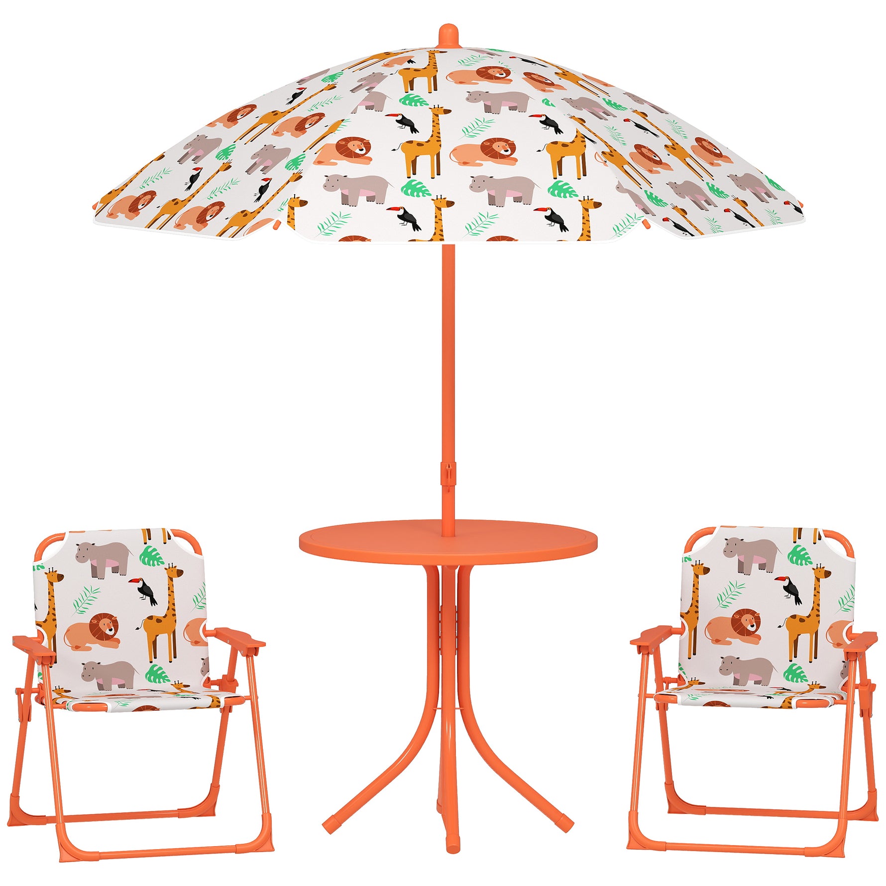 Salon de jardin enfant, table enfant avec 2 chaises pliantes et parasol Ø 100 cm, motif animal, orange