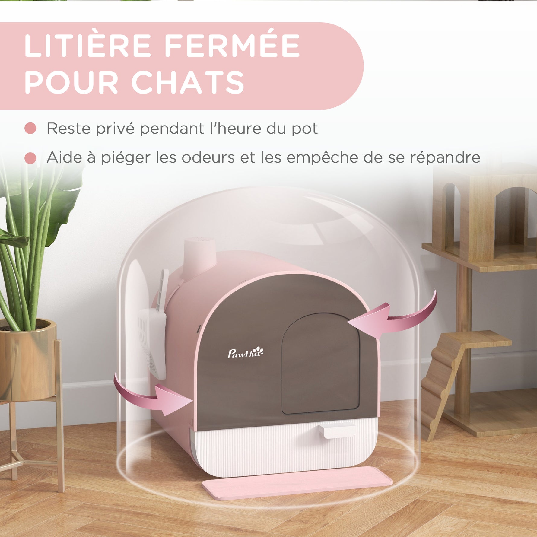 Bac à litière pour chat avec porte battante pelle et filtre inclus dim. 43L x 44l x 47H cm rose