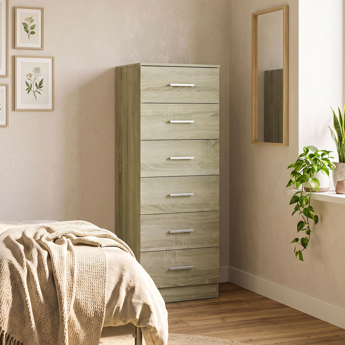 Commode 6 Tiroirs, Meuble de Rangement, Style Moderne, pour Chambre à Coucher, Entrée, Couloir, 40x40x110cm, Chêne