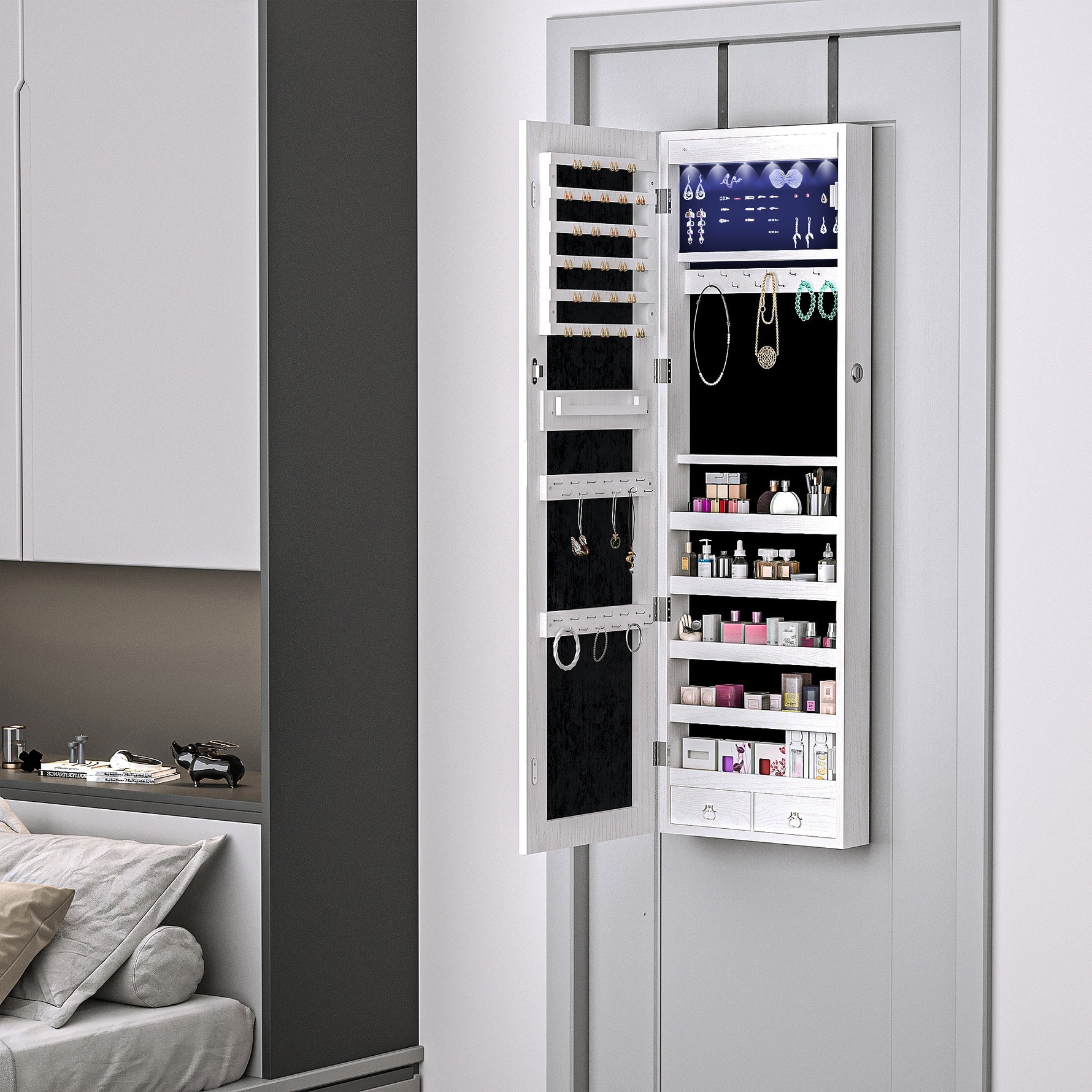 Armoire à bijoux suspendue au mur ou à la porte avec miroir, LED, 5 étagères, 2 tiroirs, 37x10x120cm, effet bois grisé