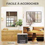 Miroir mural verrière rectangulaire style fenêtre, horizontal ou vertical avec 4 crochets, en métal noir - 50x70 cm
