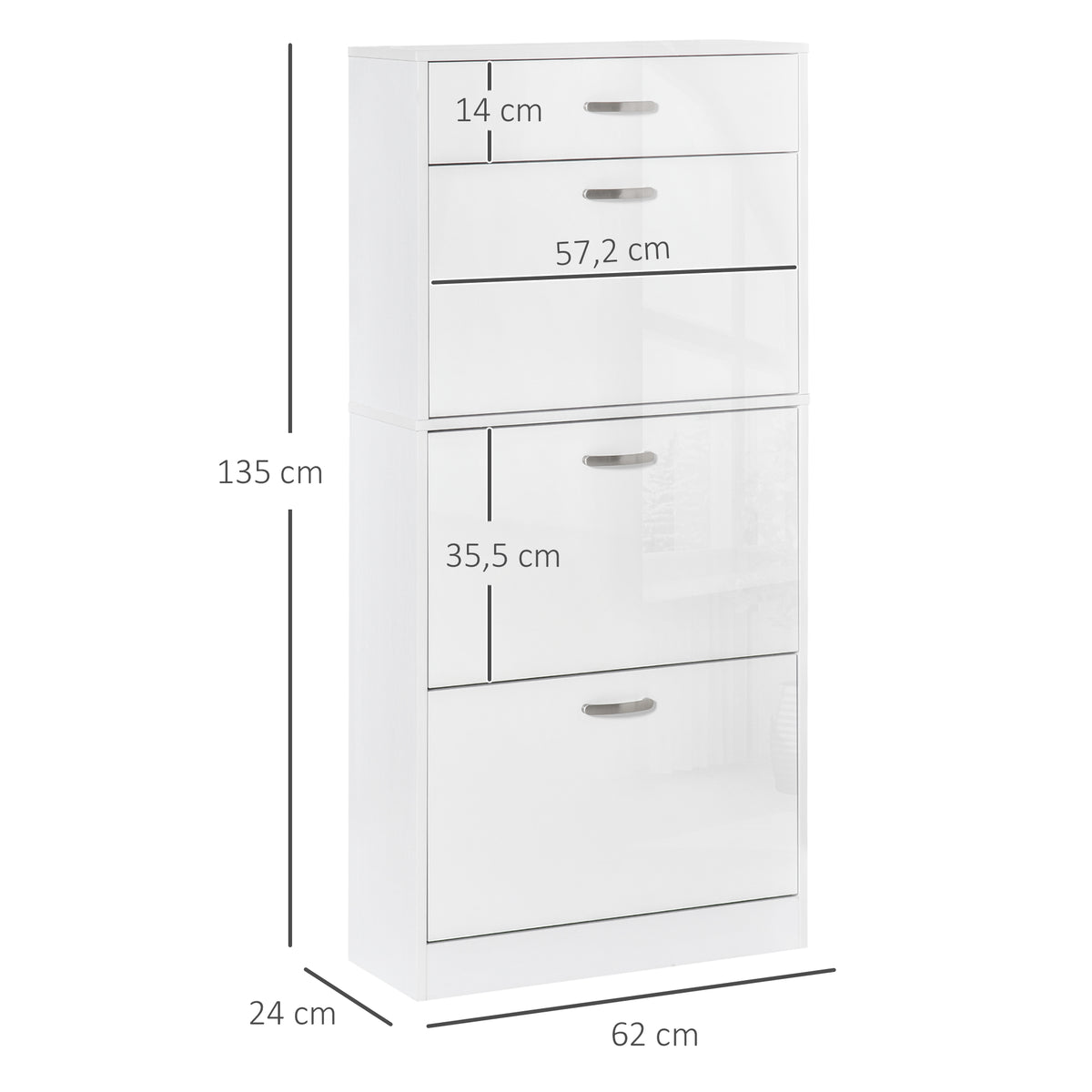 Scarpiera - 3 ante a ribalta e cassetto scorrevole - dim. 62L x 24P x 135A cm Bianco
