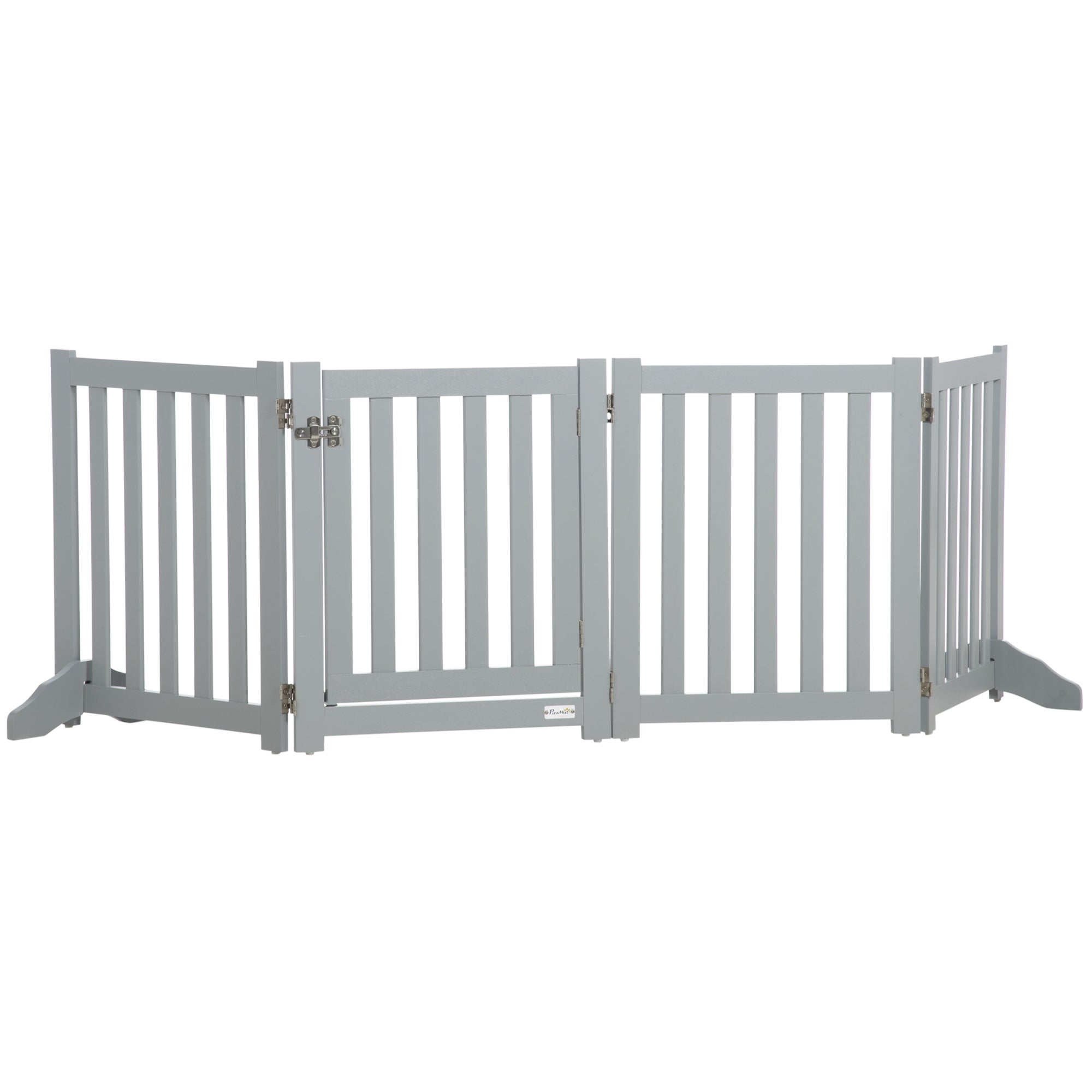 Barrière de Sécurité Chien Pliable Double Face en Bois, 4 Panneaux avec Porte, Pieds de Support, 205 x 60 cm, Gris