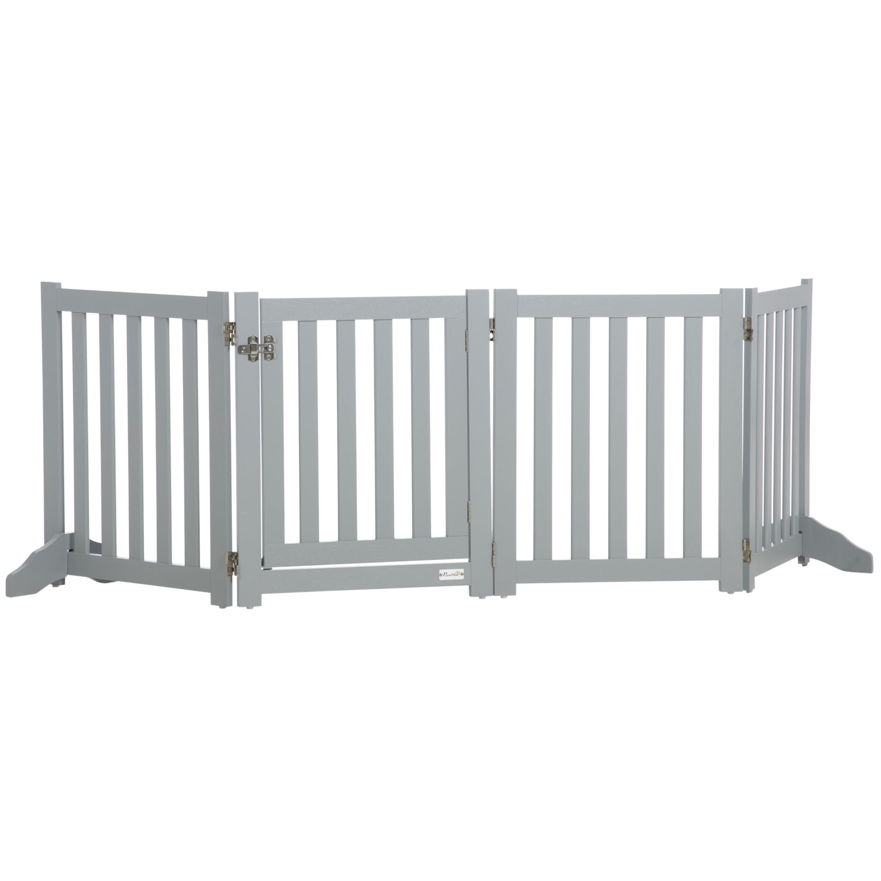 Barrière de Sécurité Chien Pliable Double Face en Bois, 4 Panneaux avec Porte, Pieds de Support, 205 x 60 cm, Gris