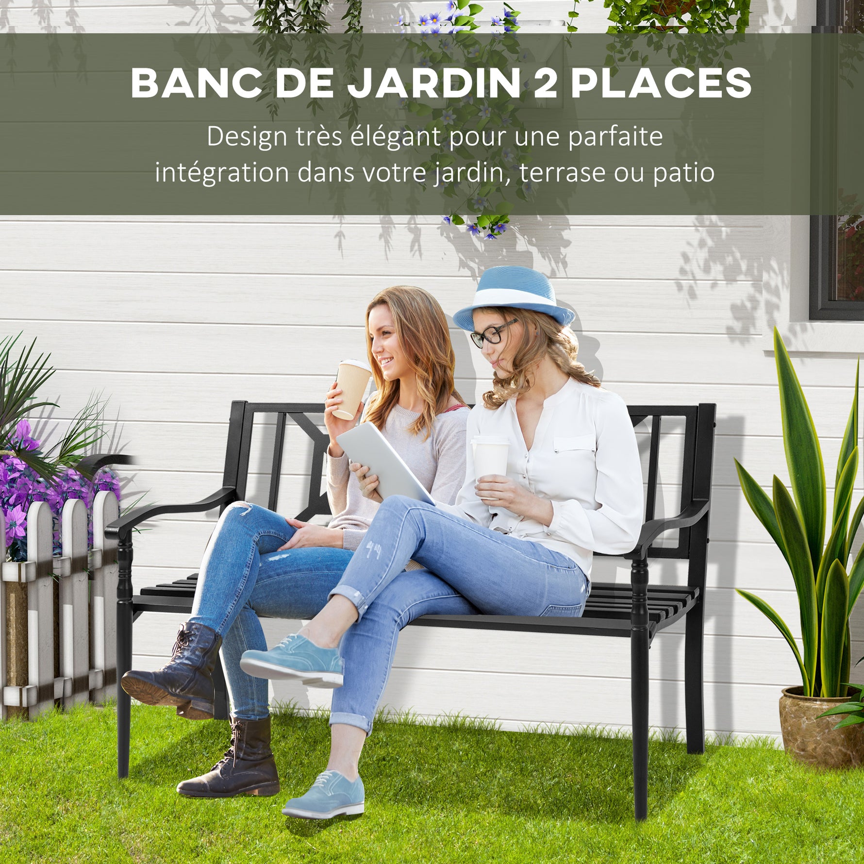 Banc de jardin 2 places banquette extérieur terrasse patio dossier haut assise à lattes accoudoirs