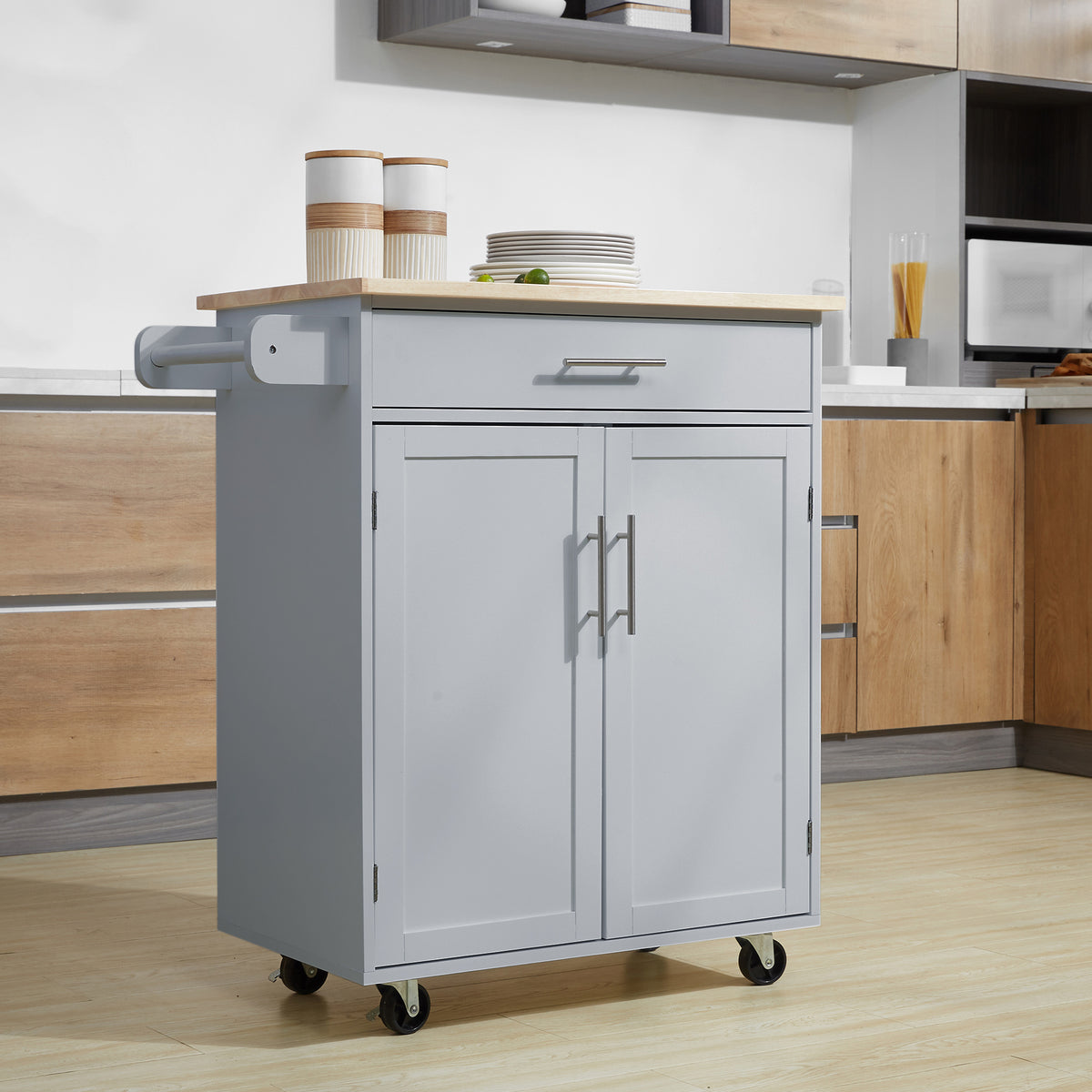 Carrito de cocina con ruedas, carrito de servicio, isla de cocina con cajón, armario y toallero - gris