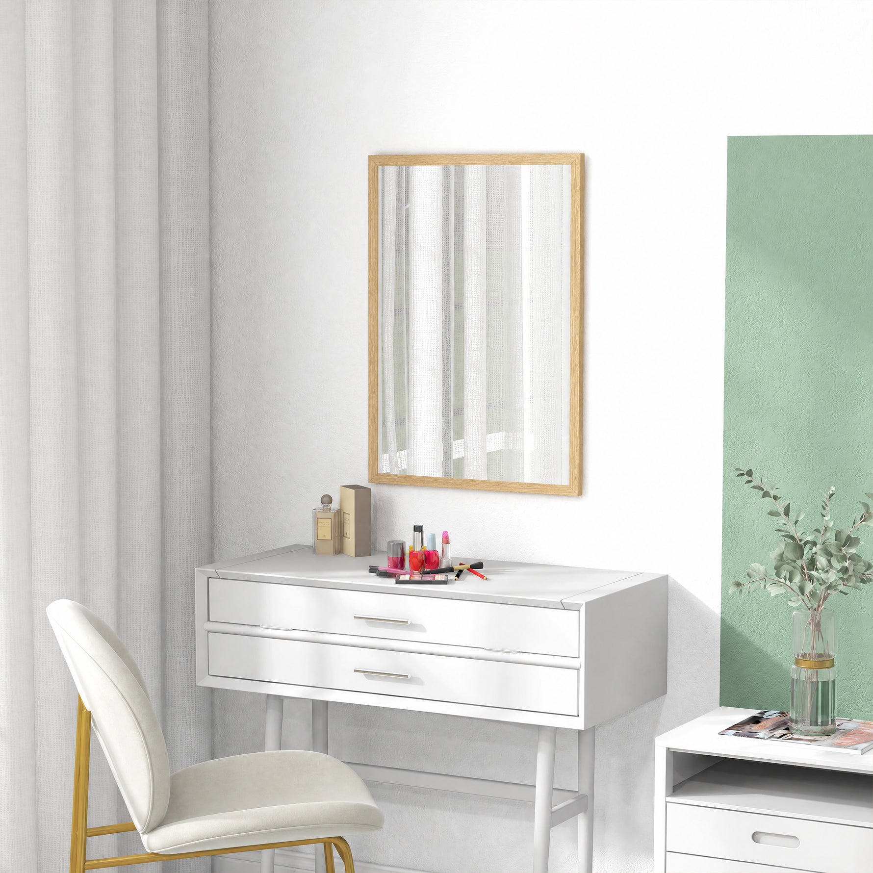 Miroir mural rectangulaire 50 x 70 cm, cadre en bois, idéal pour la salle de bain, salon ou chambre, naturel