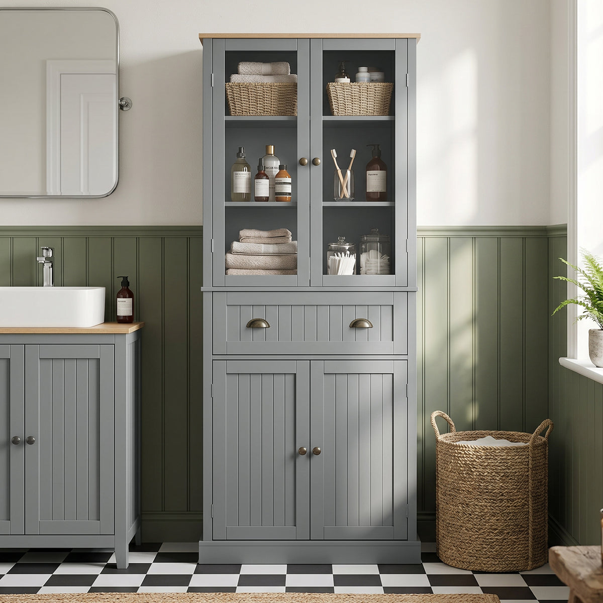 Buffet meuble cuisine rangement armoire de cuisine 4 portes dont 2 portes vitrées et 1 tiroir étagères réglables - gris