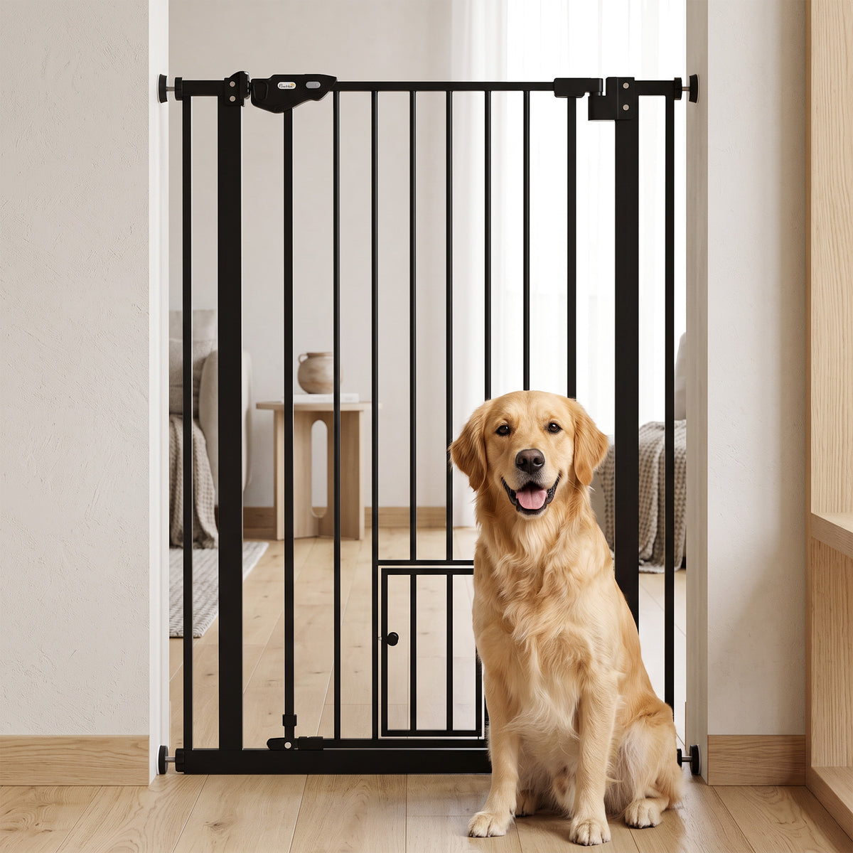 Barrière de sécurité animaux de 104H cm conception haute avec porte chat fermeture automatique système de double verrouillage sans percage de 74 à 80 cm acier noir