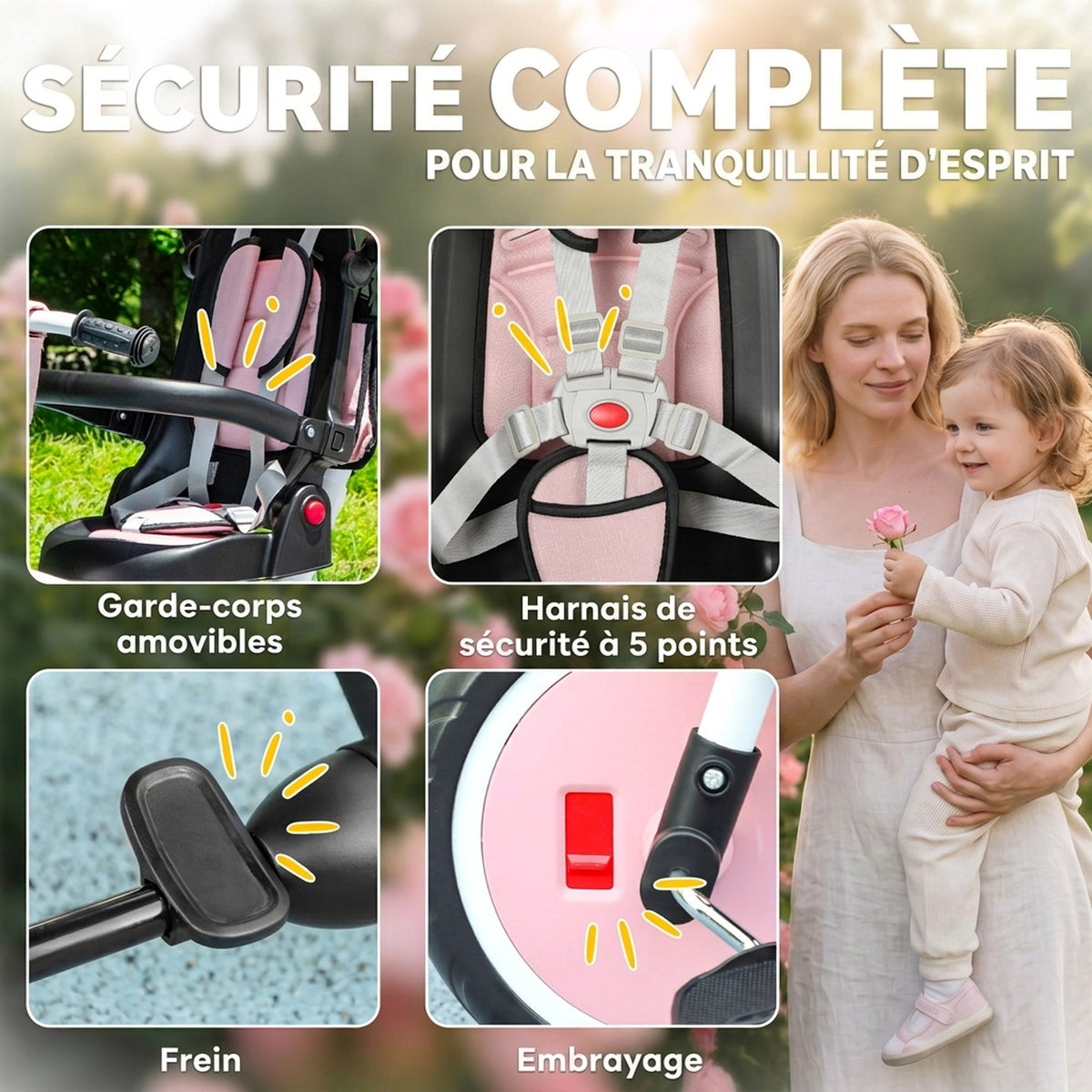 Tricycle bébé évolutif 6 en 1, tricycle enfant pliable avec poignée parentale réglable, siège pivotant 360°, rose