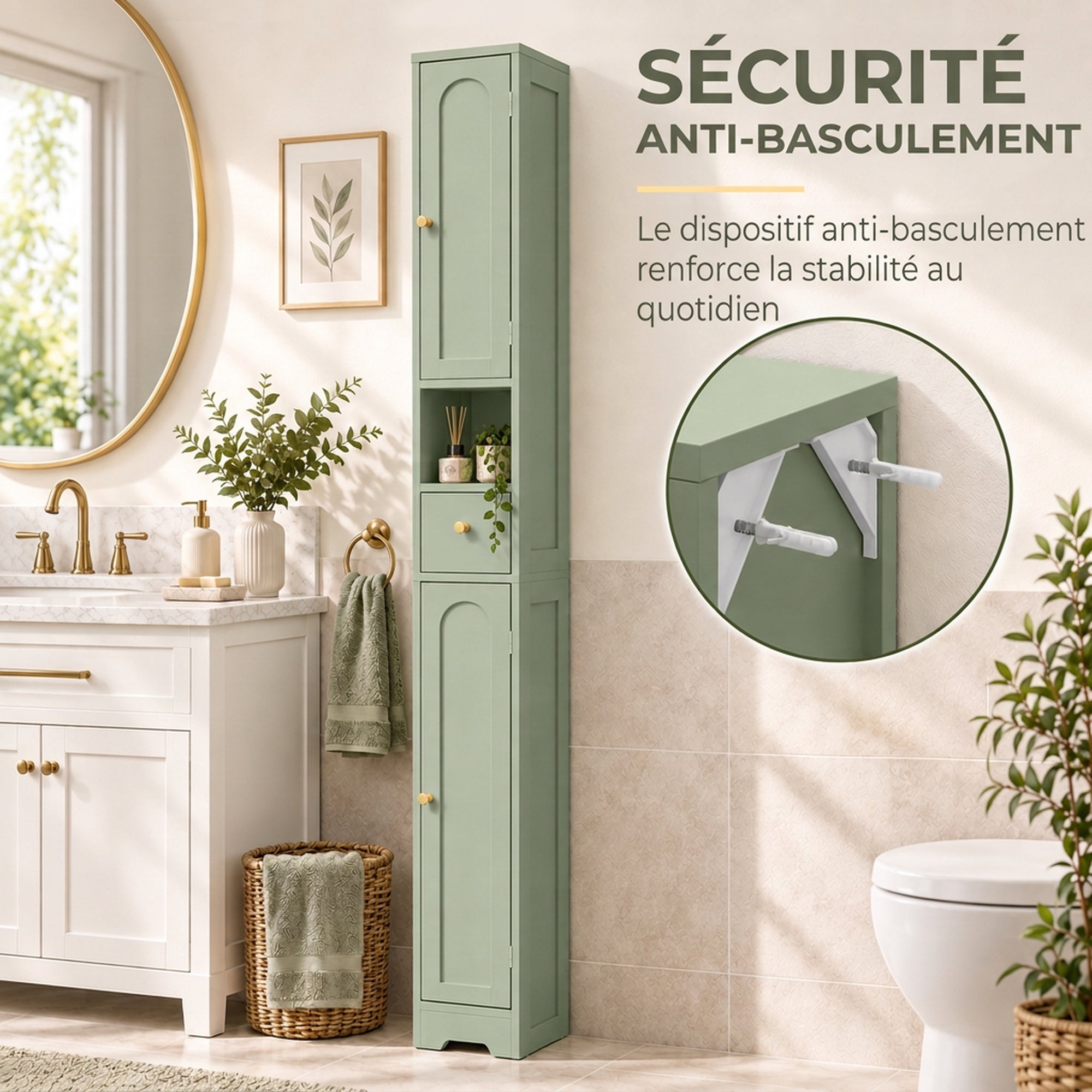 Meuble colonne salle de bain, meuble de rangement, 2 portes, tiroir, compartiment ouvert, étagère réglable, vert
