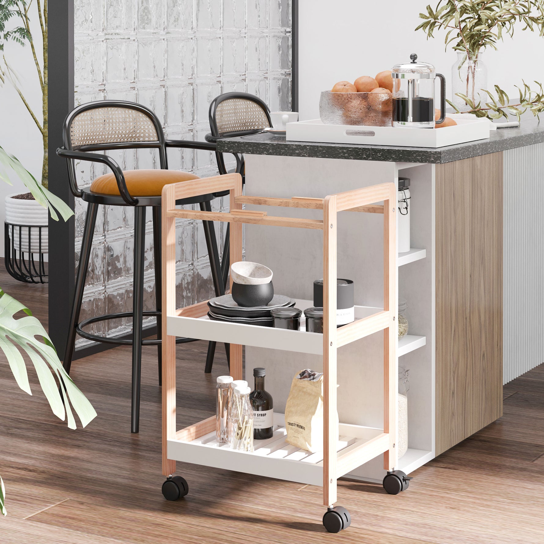 Chariot de service desserte de cuisine à roulettes 2 étagères + plateau amovible bois de pin MDF blanc