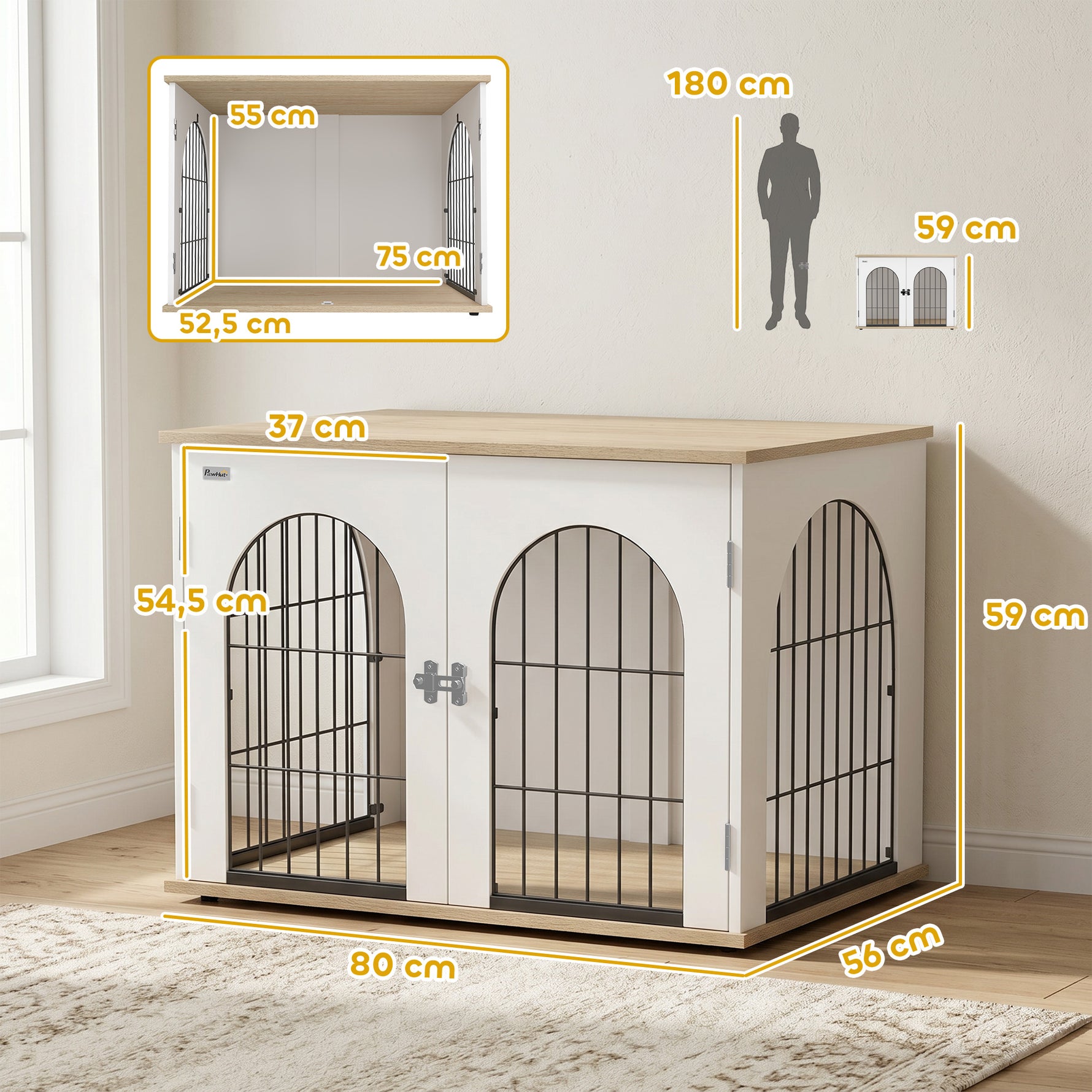 Cage pour Chien Meuble Cage Chien Intérieur Arche avec Double Porte comme Table d'Appoint en Métal 80x56x59cm Blanc