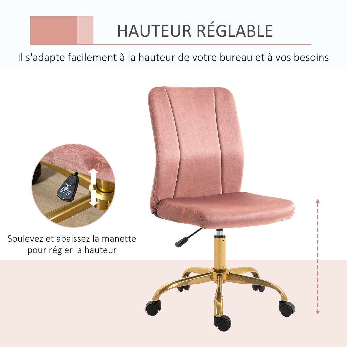Chaise de bureau fauteuil pivotant 360° ergonomique hauteur réglable revêtement velours  rose et doré