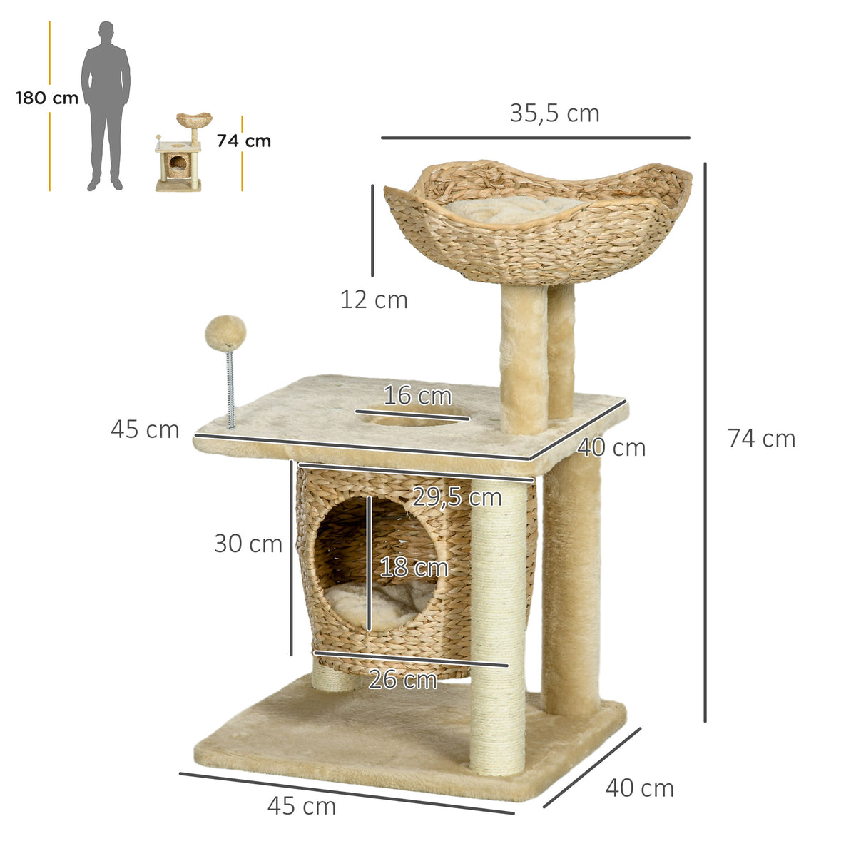 Tiragraffi per gatti in sisal naturale, 1 cuccia, cesta, pon-pon, peluche, giacinto d'acqua, 45 x 40 x 74 cm, beige