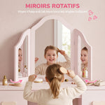 Coiffeuse pour Enfants avec Tabouret et Miroir à Trois Volets en Acrylique, 2 Tiroirs et 2 Placards, Rose