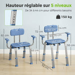 Tabouret de douche chaise de douche ergonomique avec accoudoirs, dossier, hauteur et siège réglables, bleu