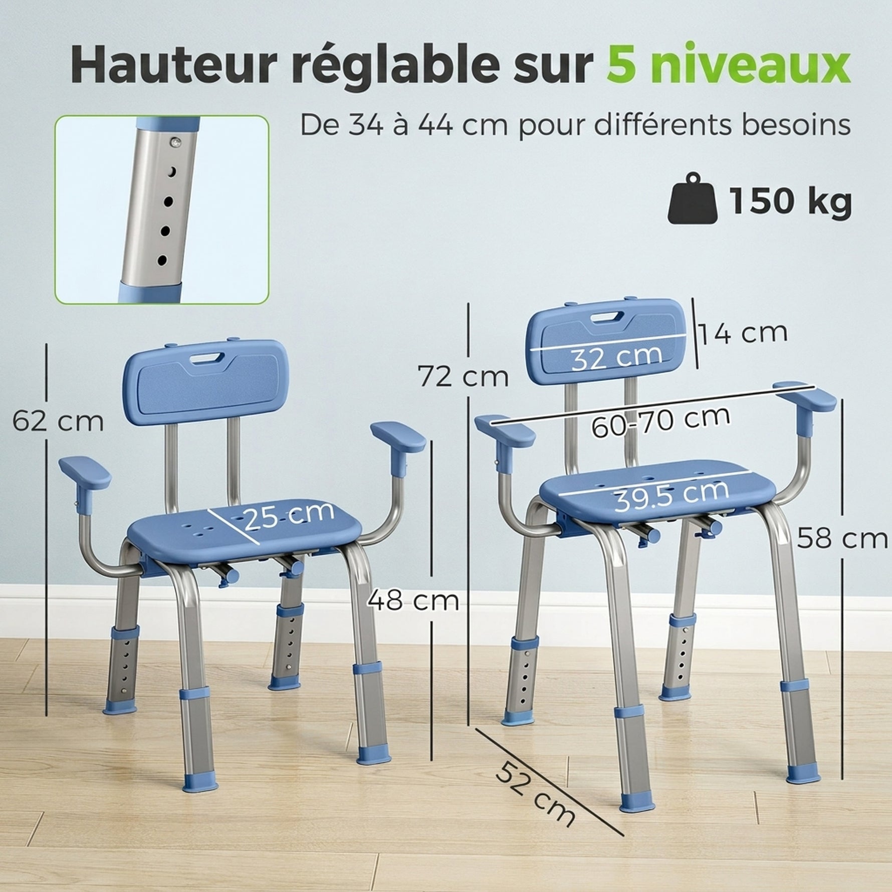 Tabouret de douche chaise de douche ergonomique avec accoudoirs, dossier, hauteur et siège réglables, bleu