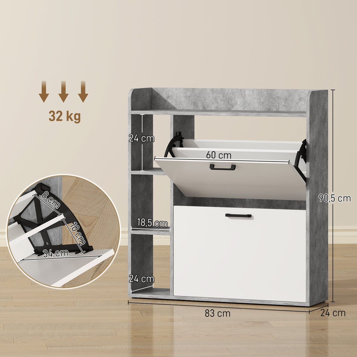 Meuble à chaussures 15 paires, armoire à chaussures moderne avec 2 tiroirs rabattables, 83x24x90,5cm, blanc et gris