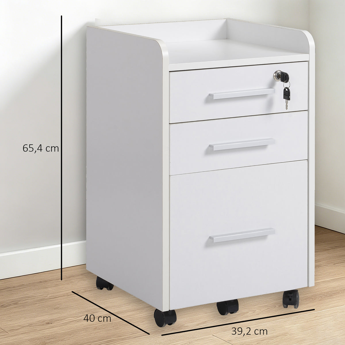 Caisson de bureau rangement bureau sur roulettes 3 tiroirs 1 verrouillable 1 trieur dossiers en bois blanc