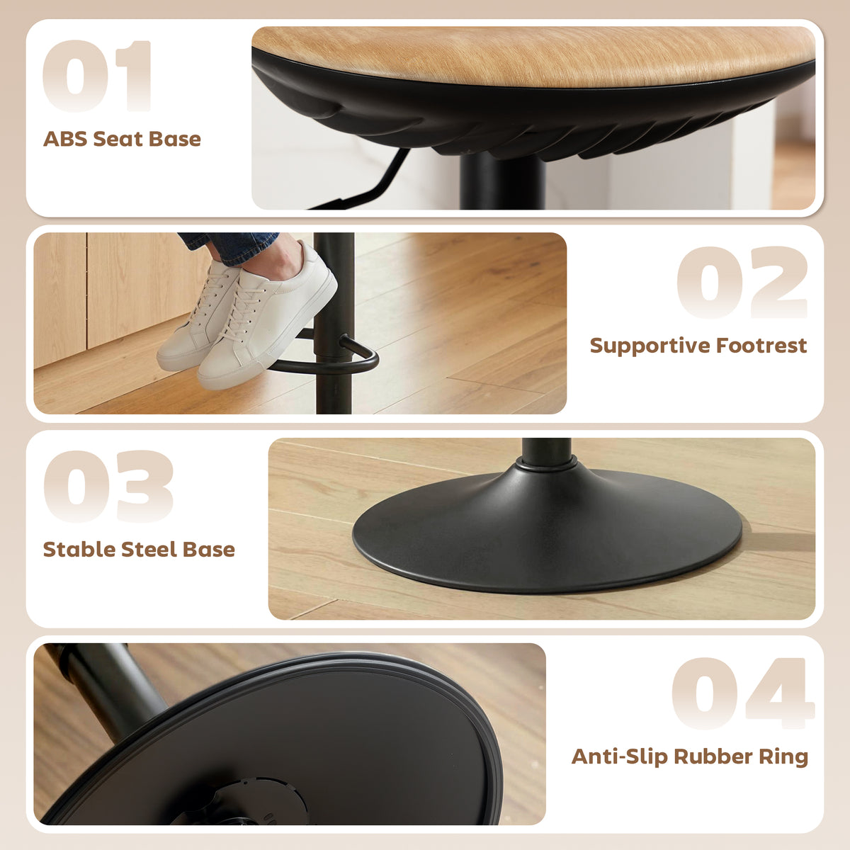 2er-Set Barhocker, höhenverstellbare Barstühle mit Fußstütze, 360° drehbar, Stahlfuß, Eiche